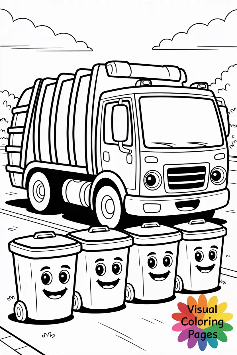 garbage truck with smiling trash bins lined up in front