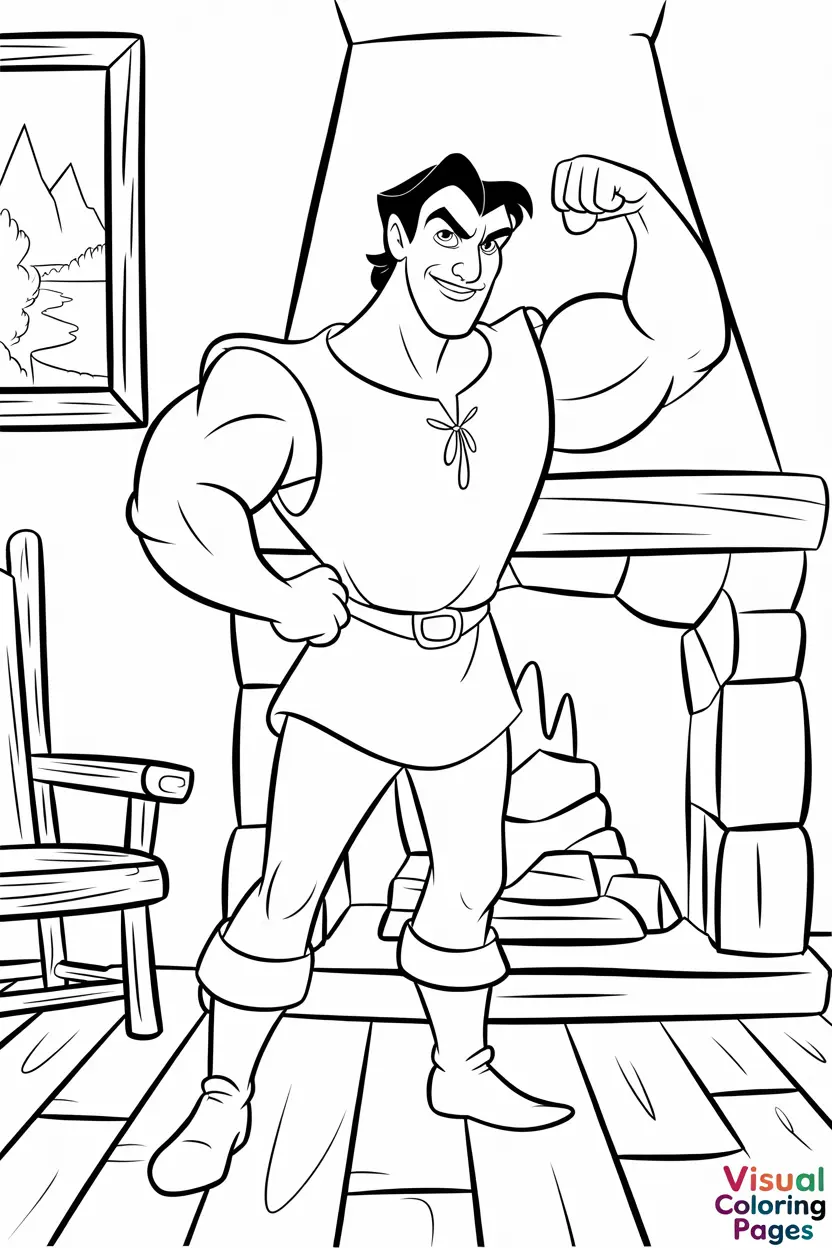 gaston flexing muscles disney villain coloring page