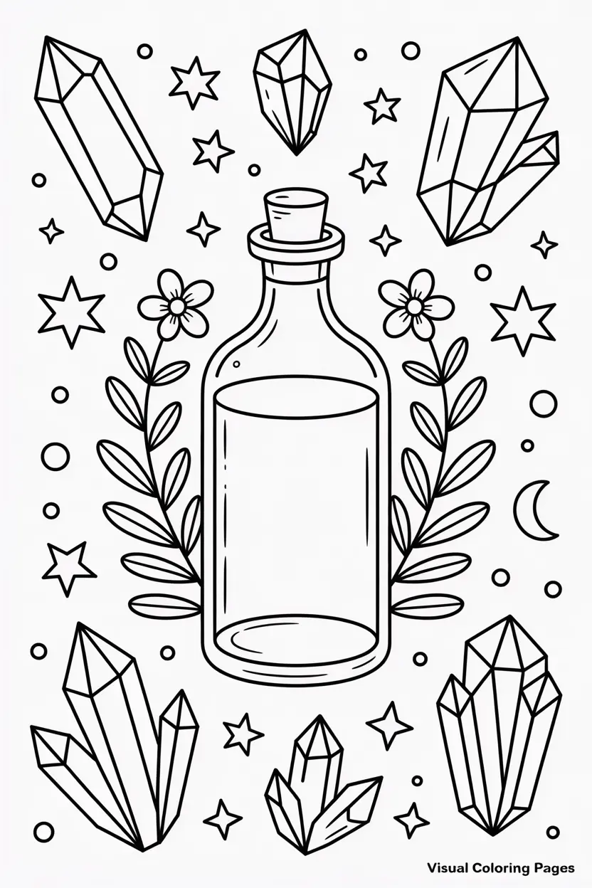 glass bottle with cork stopper surrounded by crystals