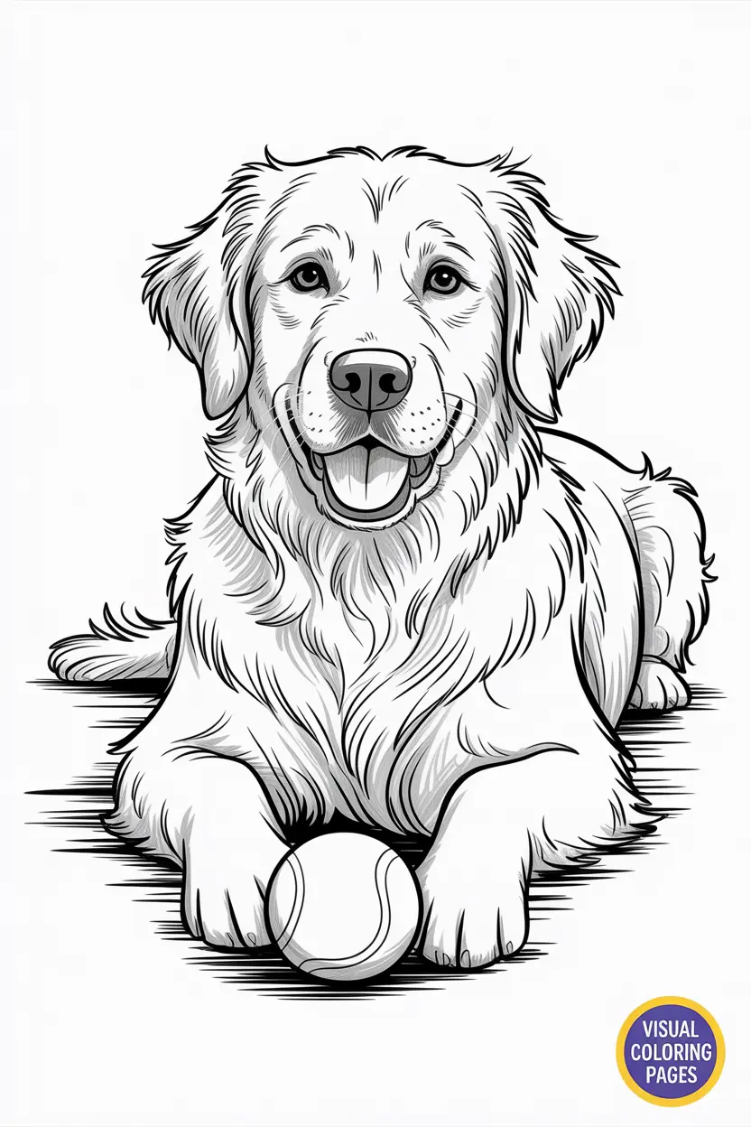 golden retriever lying with a tennis ball
