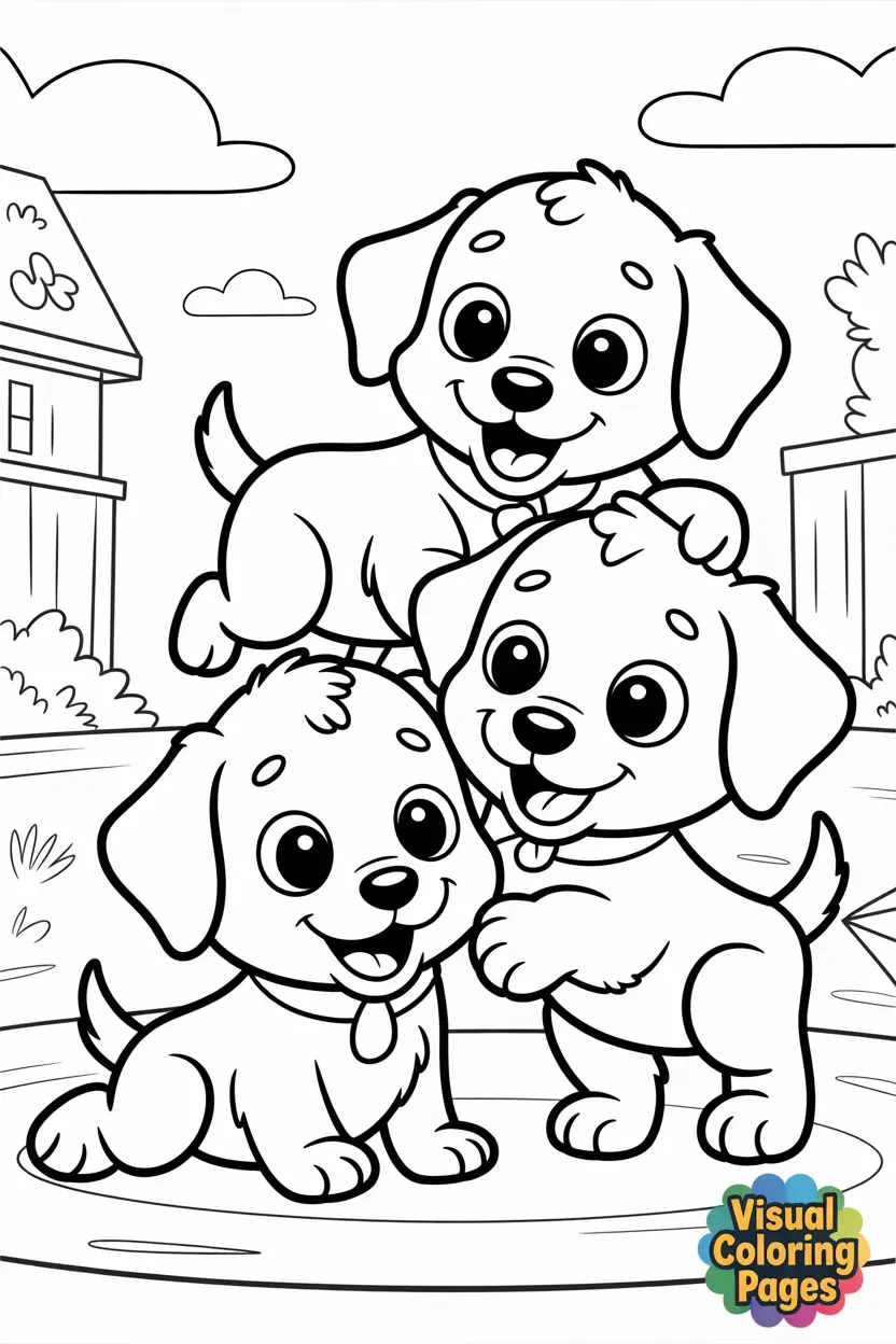 group of three puppies playing together