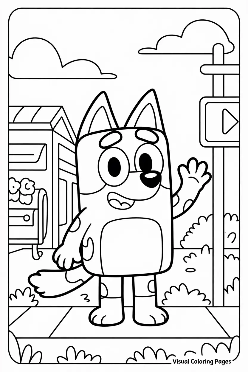 happy bluey standing in backyard coloring sheet