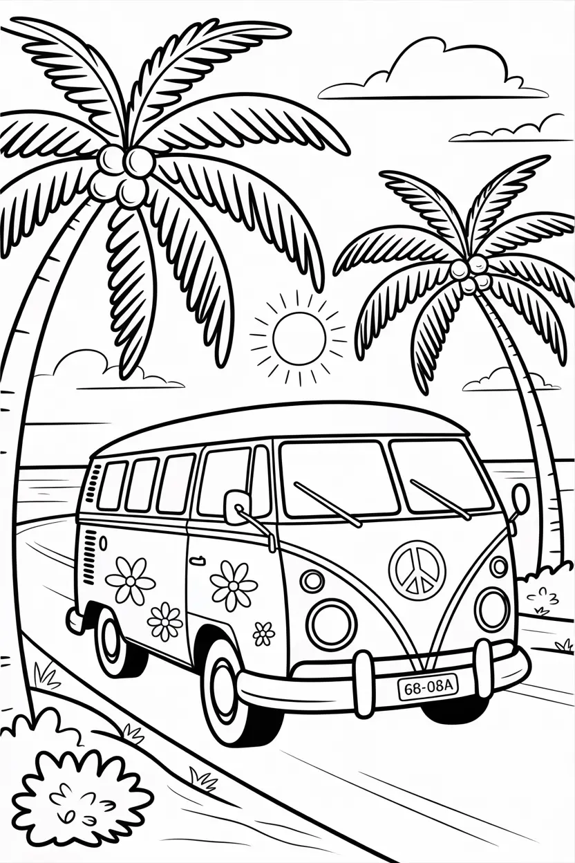 happy dog sticking out of a hippy bus coloring sheet