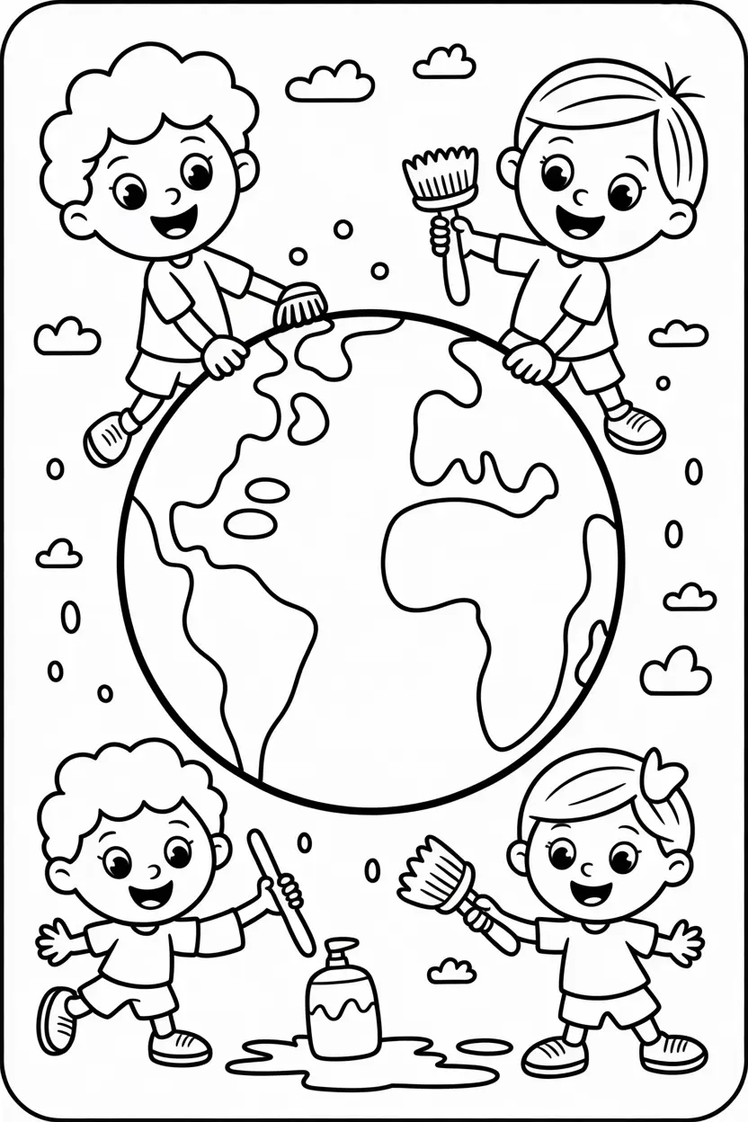 happy kids cleaning Earth with brushes and soap