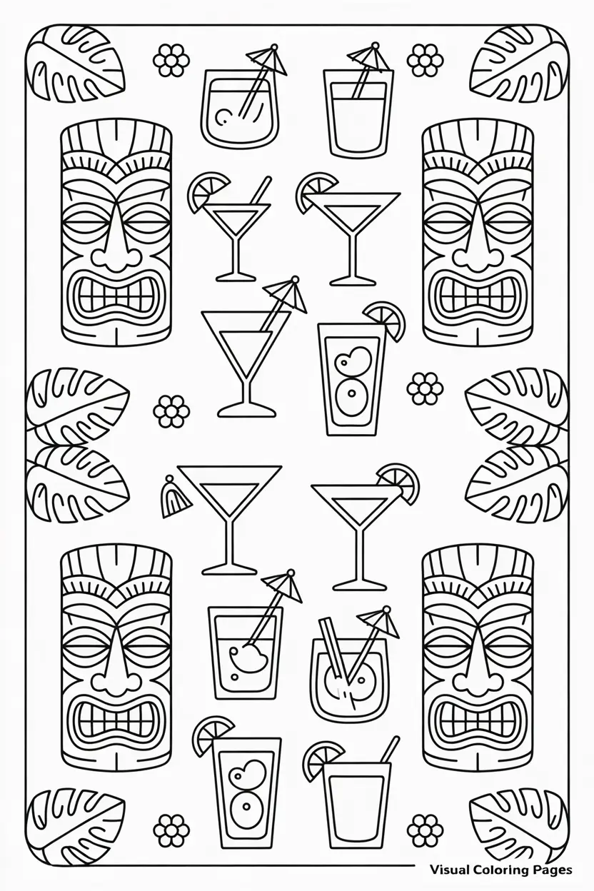 hawaiian tiki and cocktails pattern coloring page