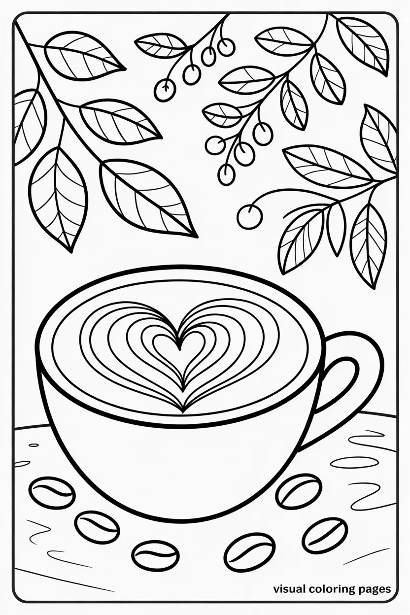 heart coffee art coloring page for kids