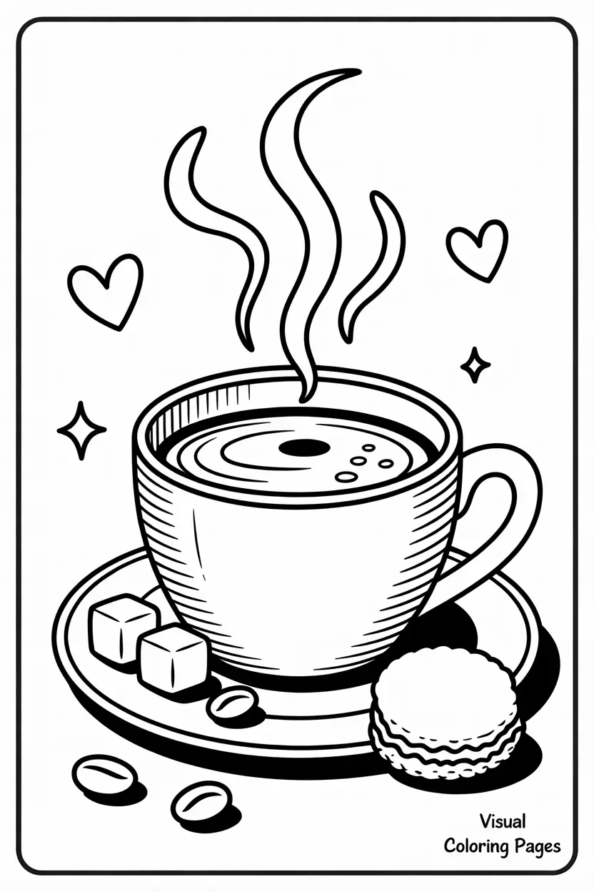 heart steaming coffee art with pieces of chocolate coloring page