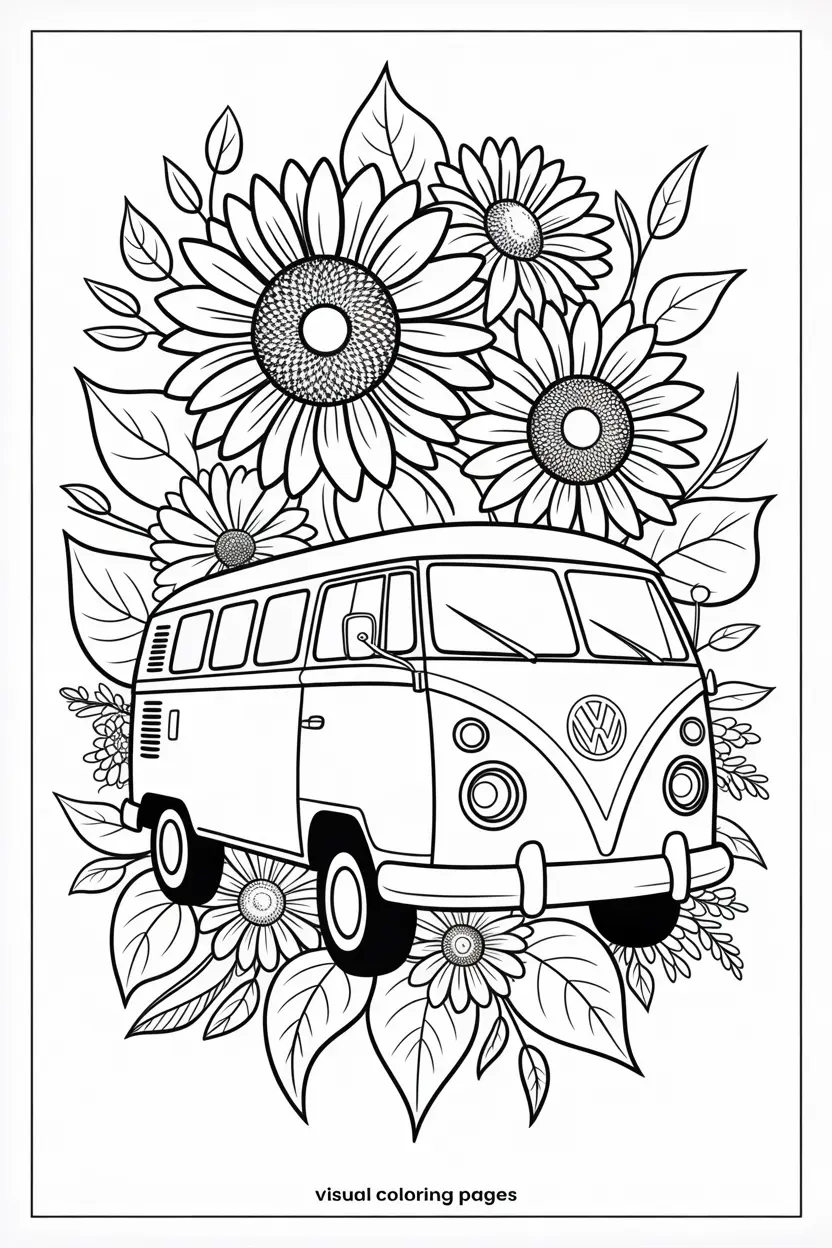 hippie bus in a trippy road with flowers and mushrooms coloring sheet