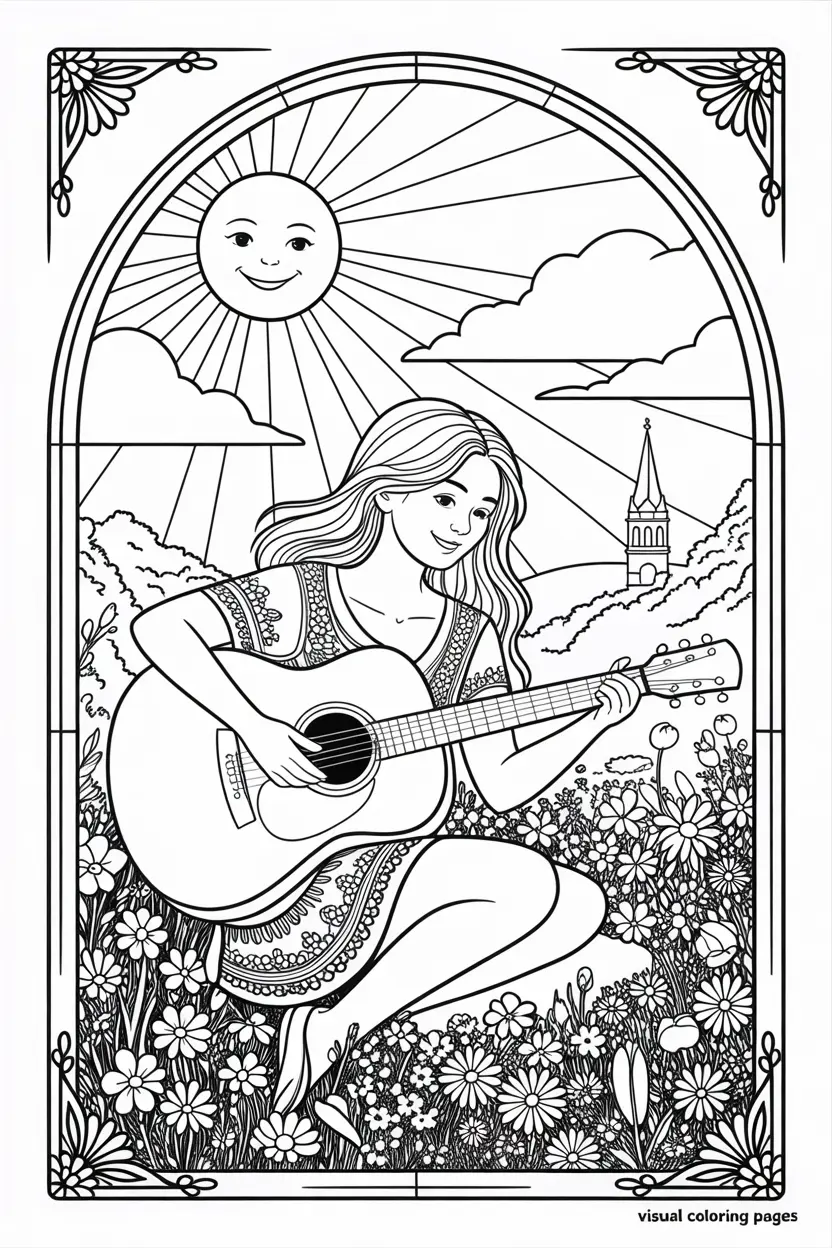 hippie girl playing the guitar on a flower field coloring page