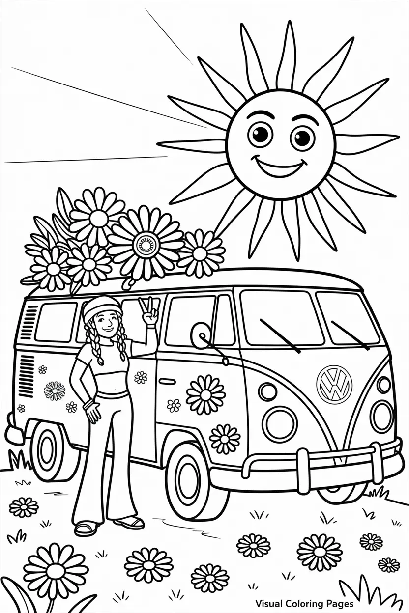 hippie girl posing next to a volkswagen bus
