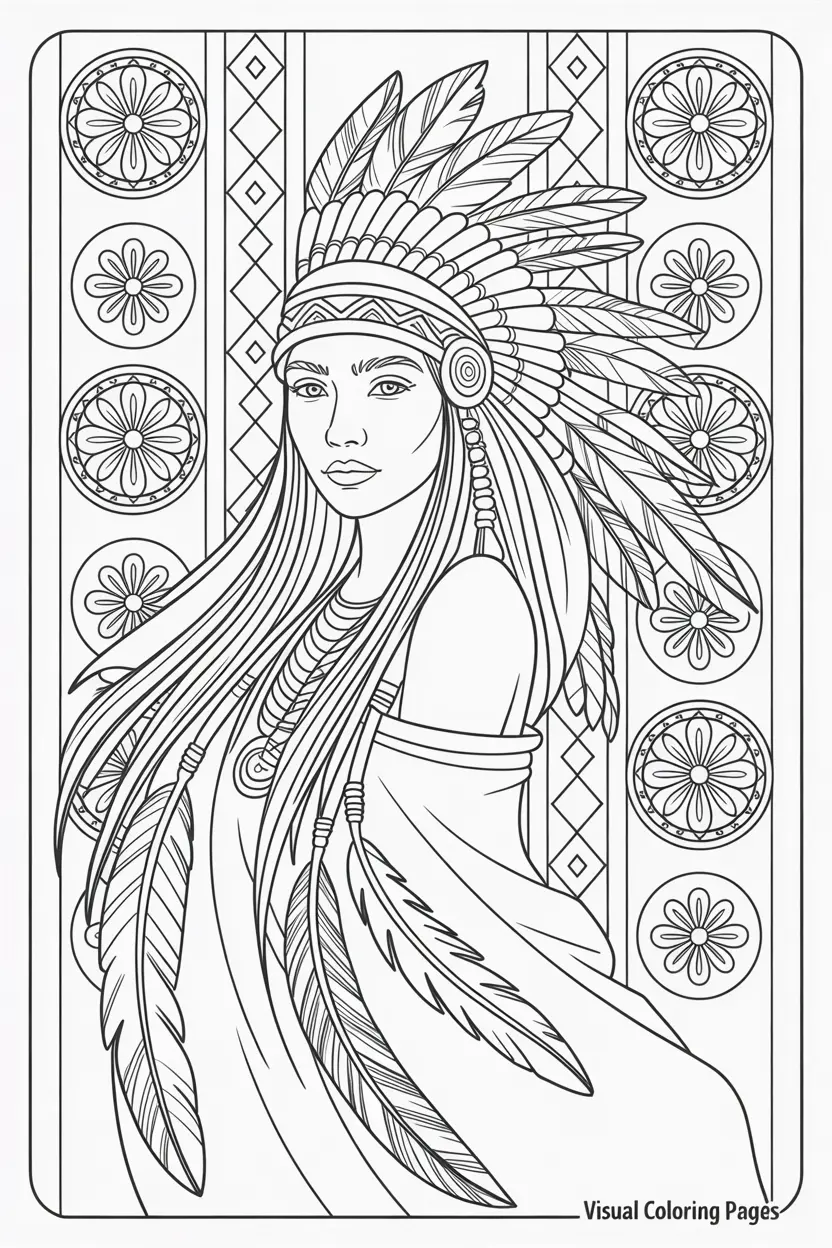 hippie native american wearing a tribal headdress coloring page