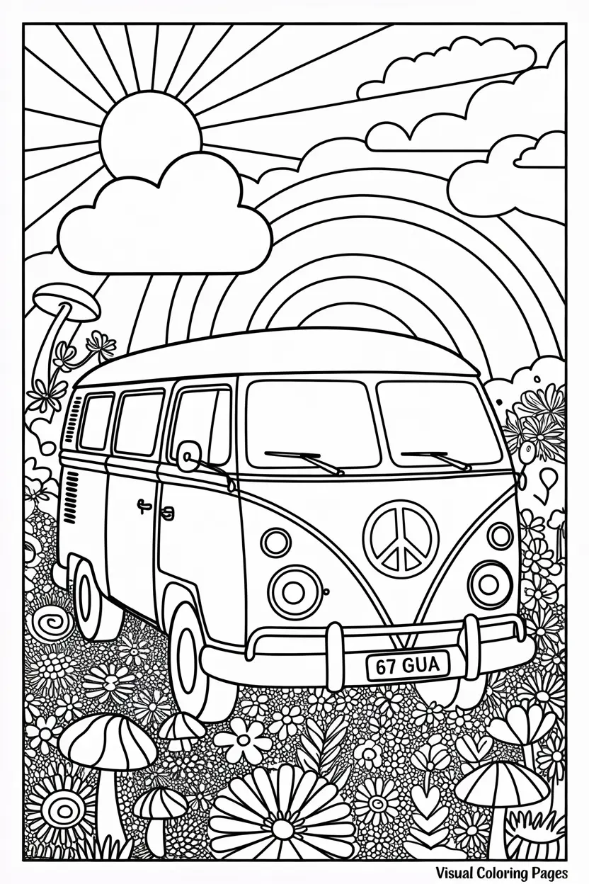 hippie volkswagen bus surrounded by giant flowers