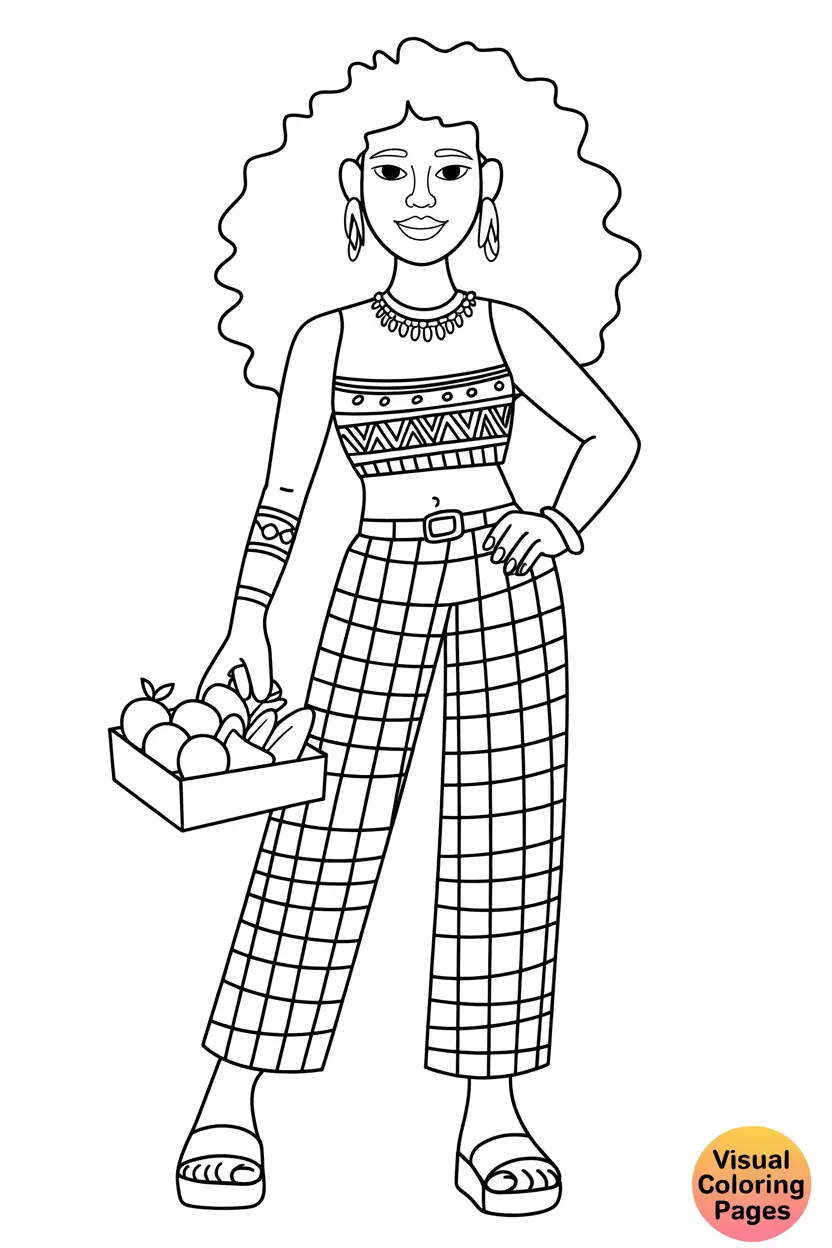 hippie woman with big hair carrying a box of apples
