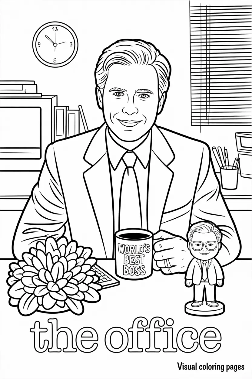 iconic michael scott sitting behind his desk coloring page