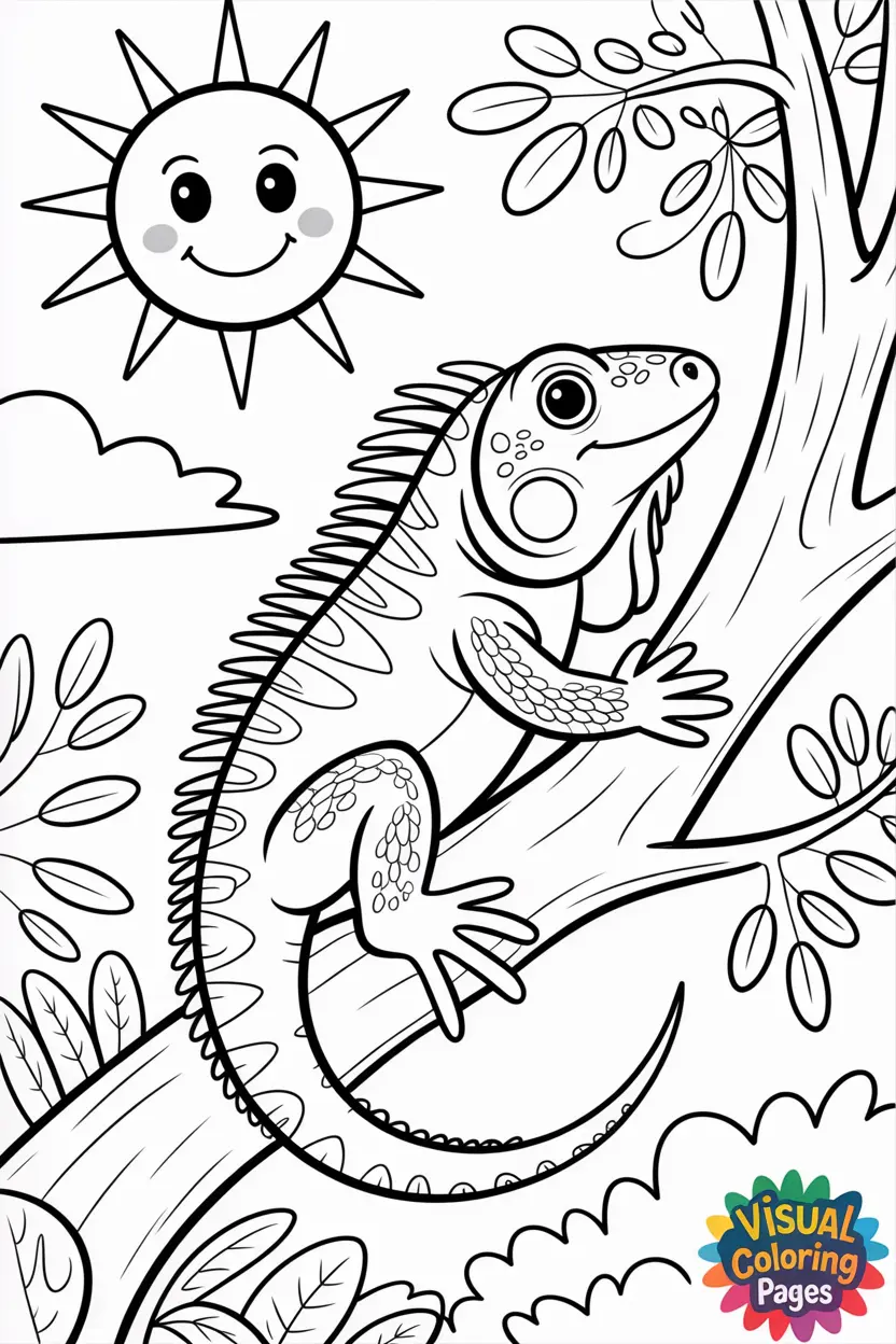 iguana climbing a tree with a smiling sun above