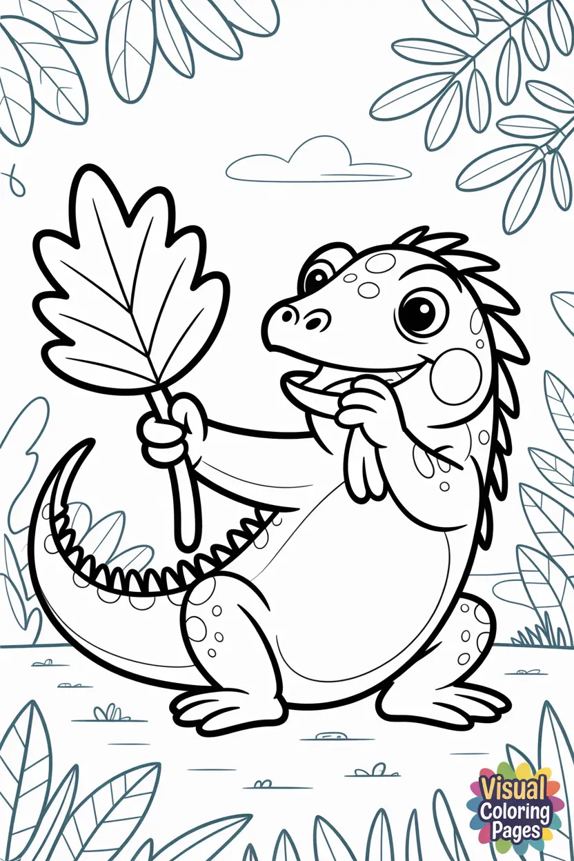 iguana holding a large leafy plant to eat