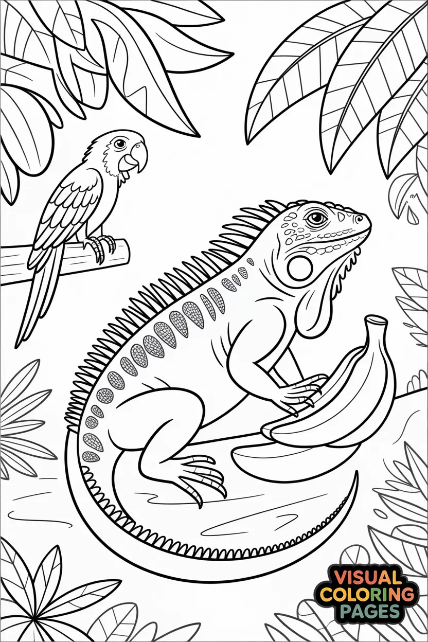 iguana in the rainforest with bananas and parrots nearby