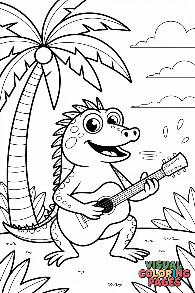 iguana playing guitar under a palm tree