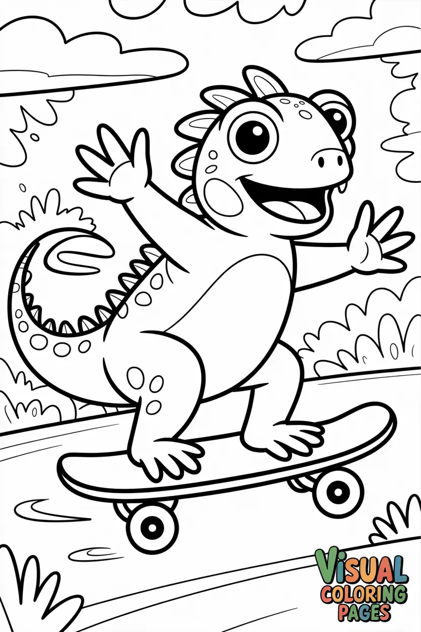 iguana riding a skateboard joyful expression