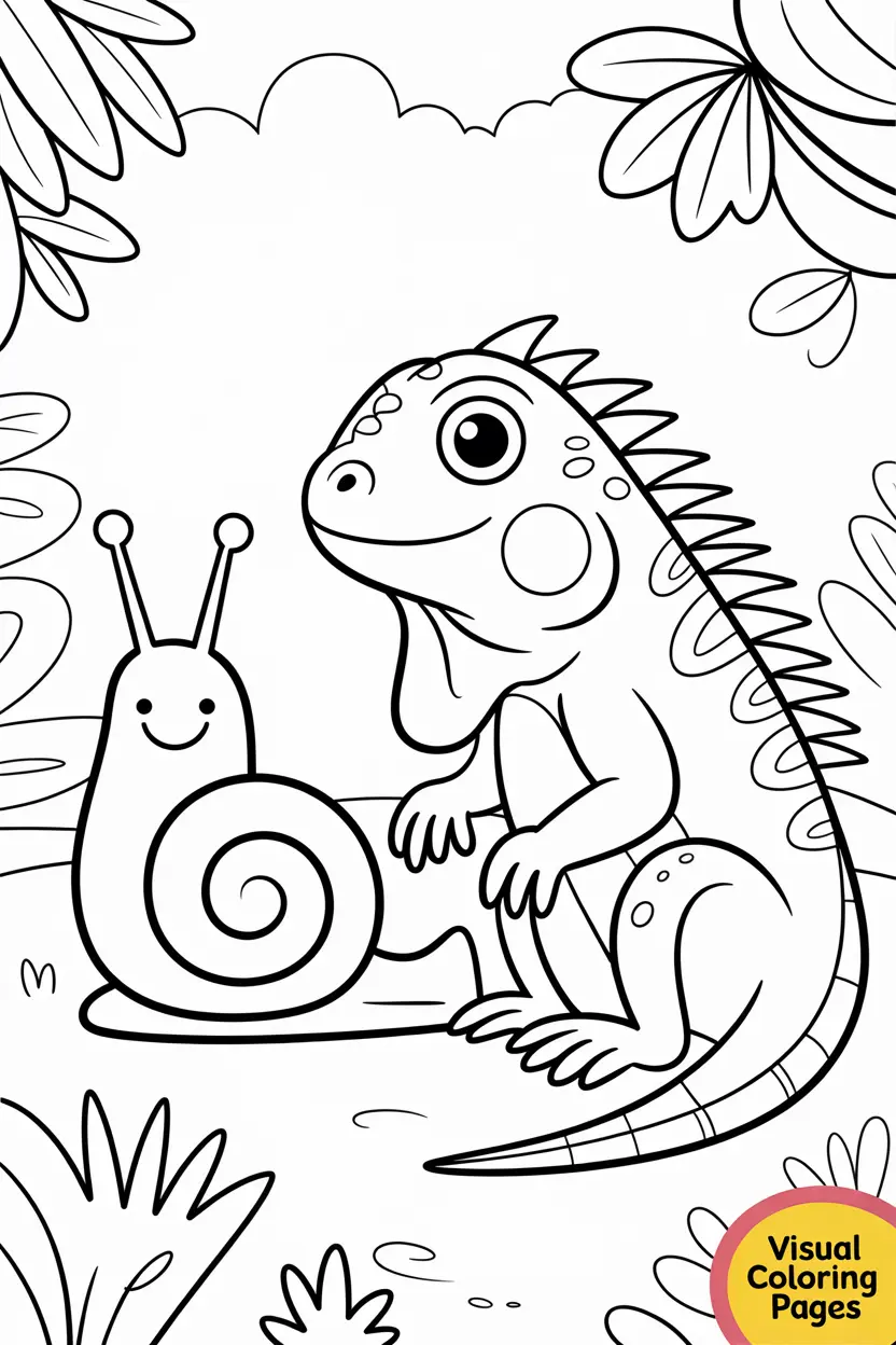 iguana sitting next to a friendly snail