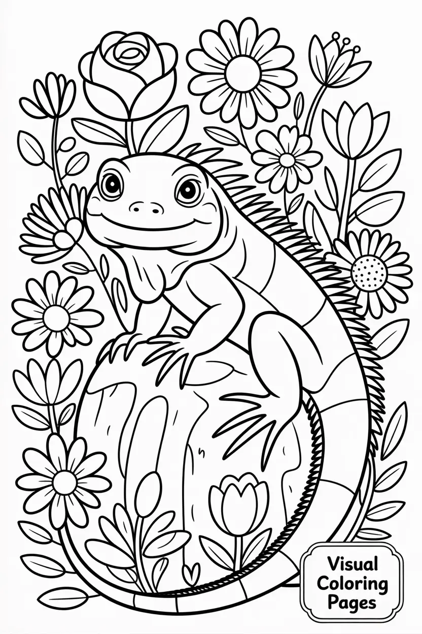 iguana surrounded by garden flowers