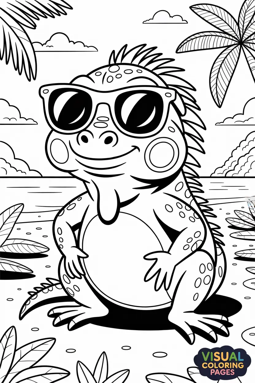 iguana wearing sunglasses on the beach