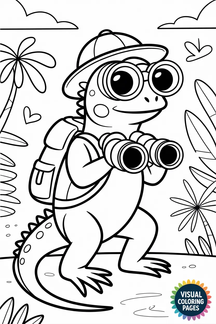 iguana with backpack and binoculars