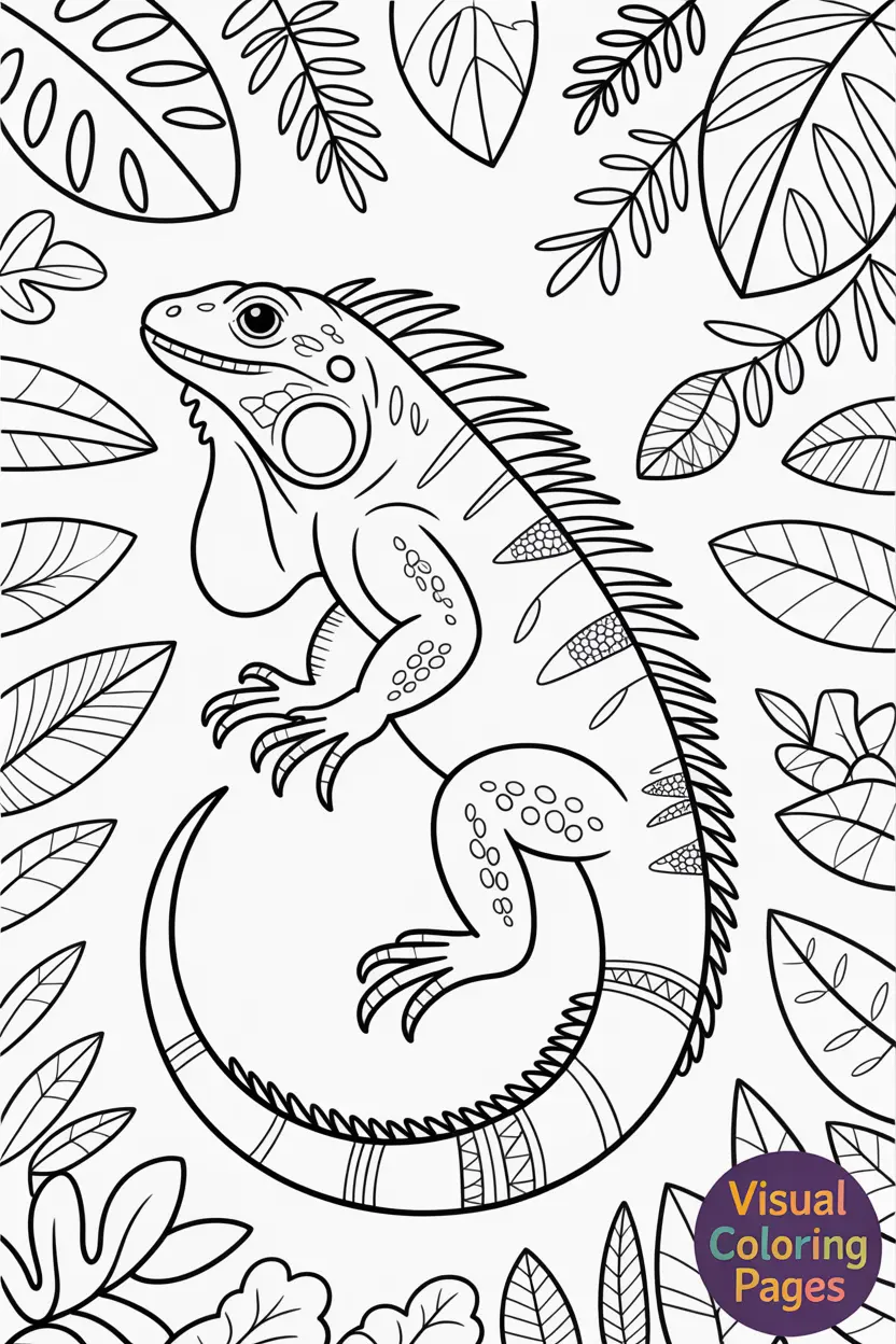jungle iguana surrounded by tropical plants and leaves
