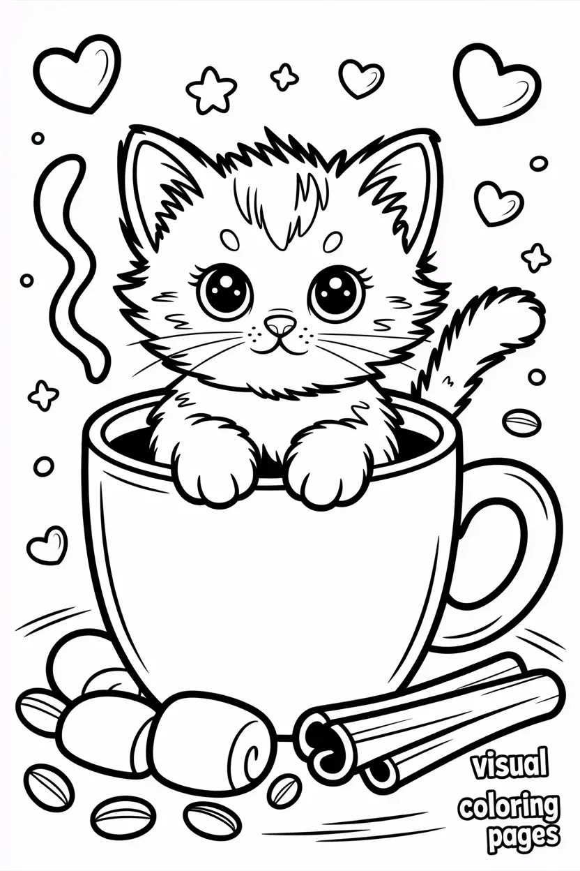 kawaii cat in coffee cup with whipped cream and cinnamon rolls coloring page