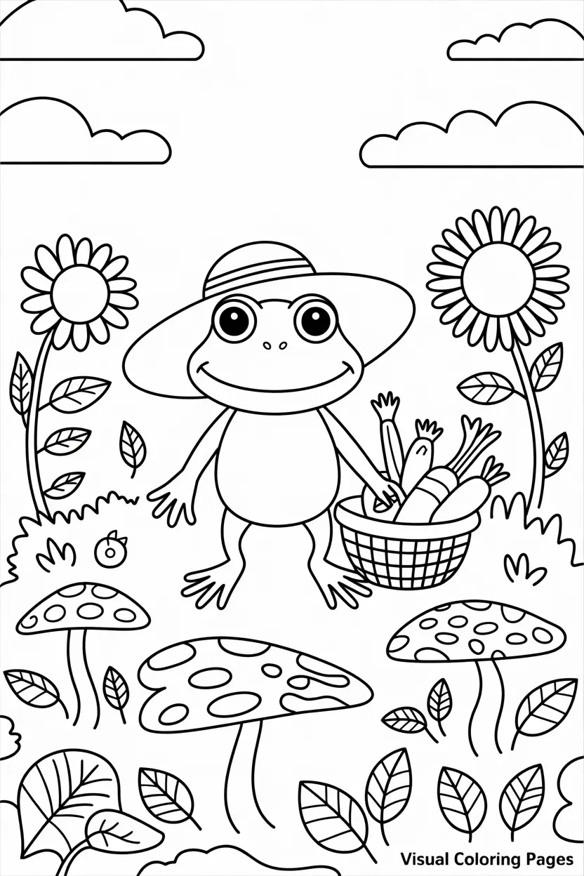 kawaii frog in a dress surrounded by mushrooms cottagecore coloring page for kids