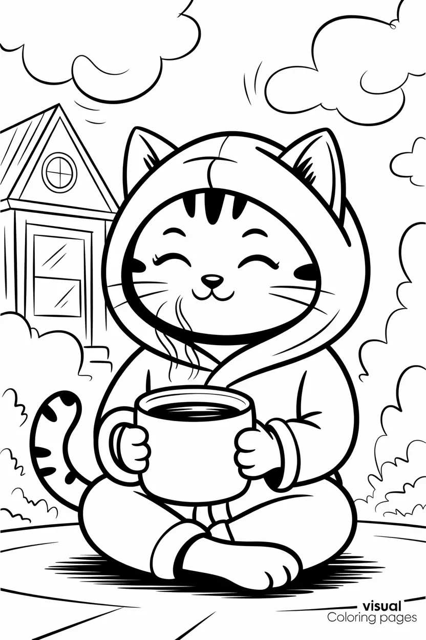 kawaii kitten holding a steaming cup of coffee coloring page