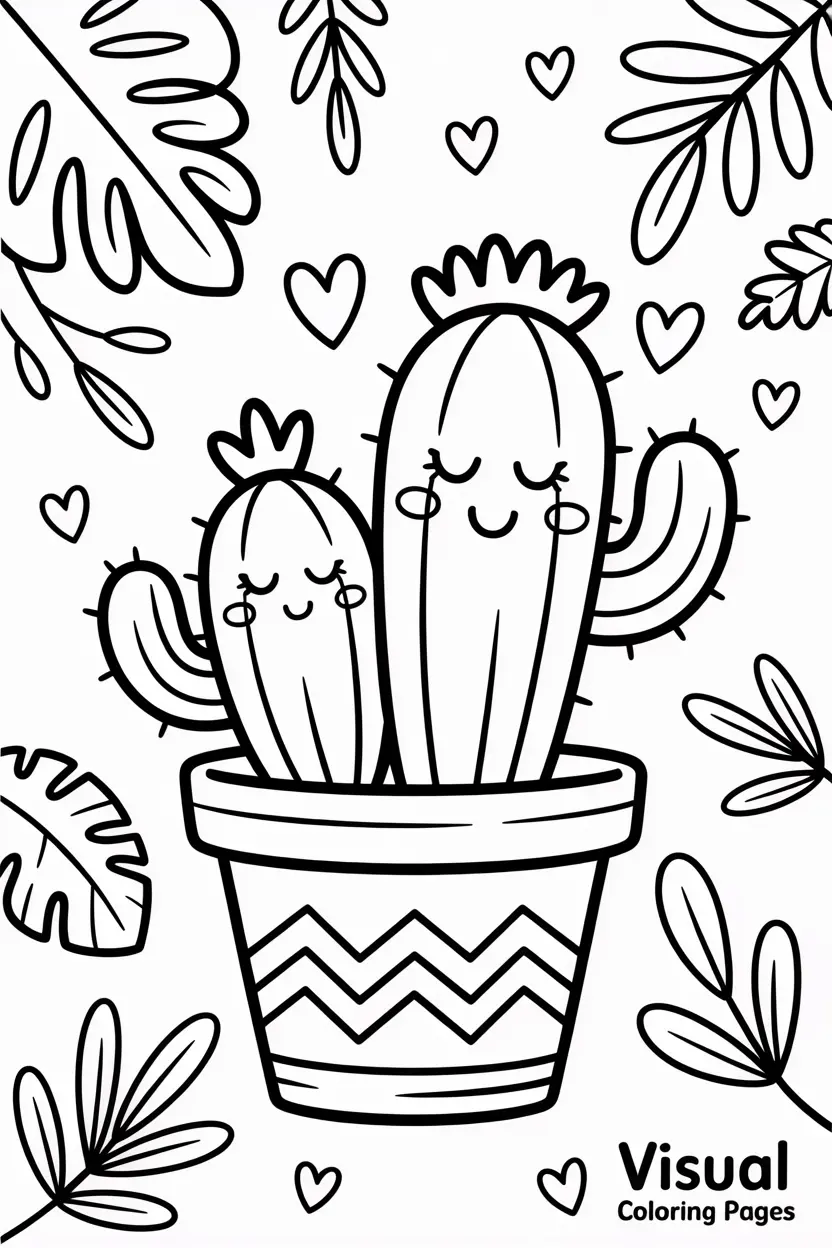 kawaii succulents in a pot coloring page for preschoolers