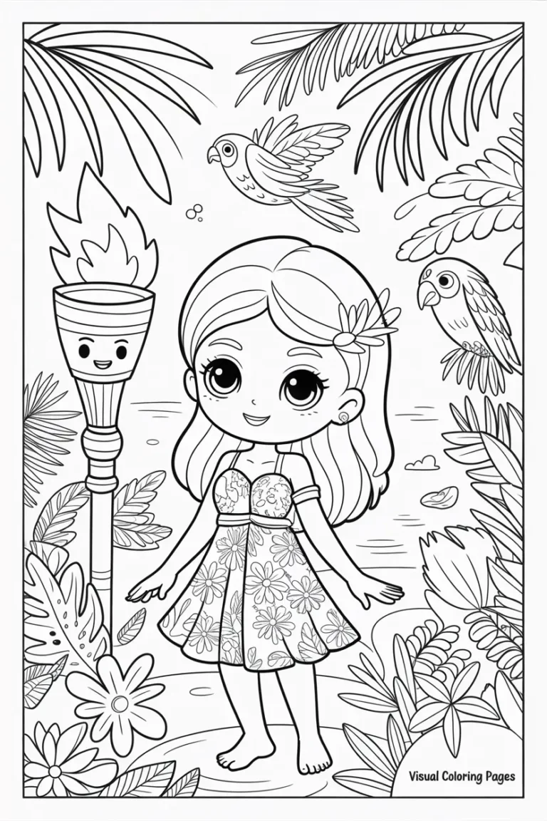 lisa frank hawaiian girl holding parrot coloring page