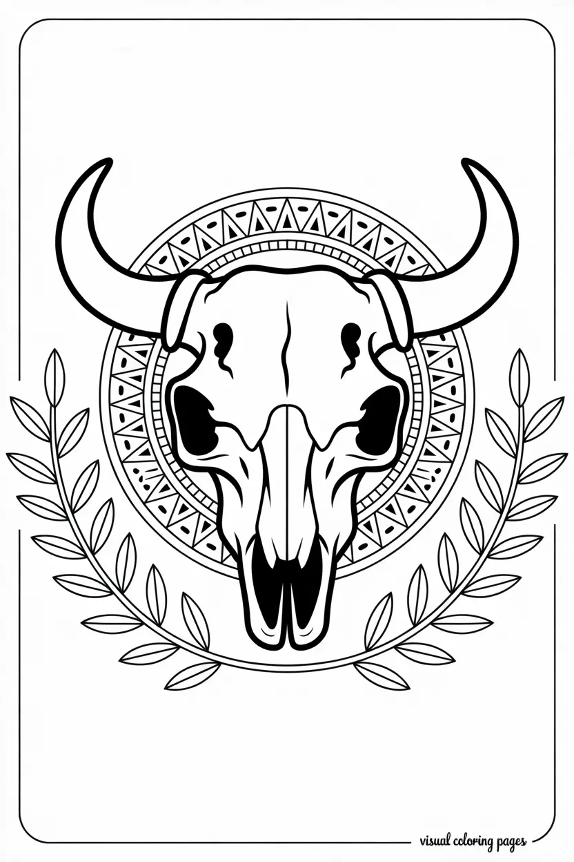 longhorn cow skull boho coloring page