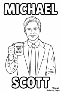 michael scott holding his worlds best boss coffee mug coloring page for kids