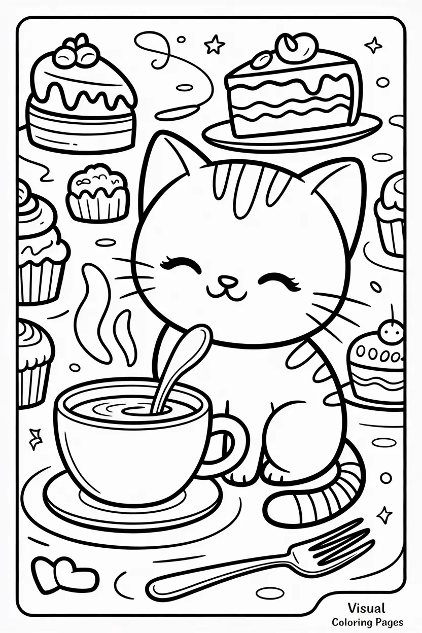 milk being poured into coffee cup with dessert on table coloring page