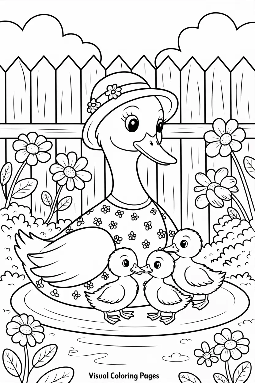 mother duck bathing her ducklings cottagecore coloring page