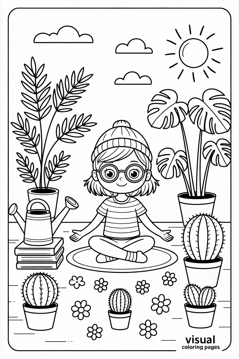 nerdy girl surrounded by succulents coloring page for kids