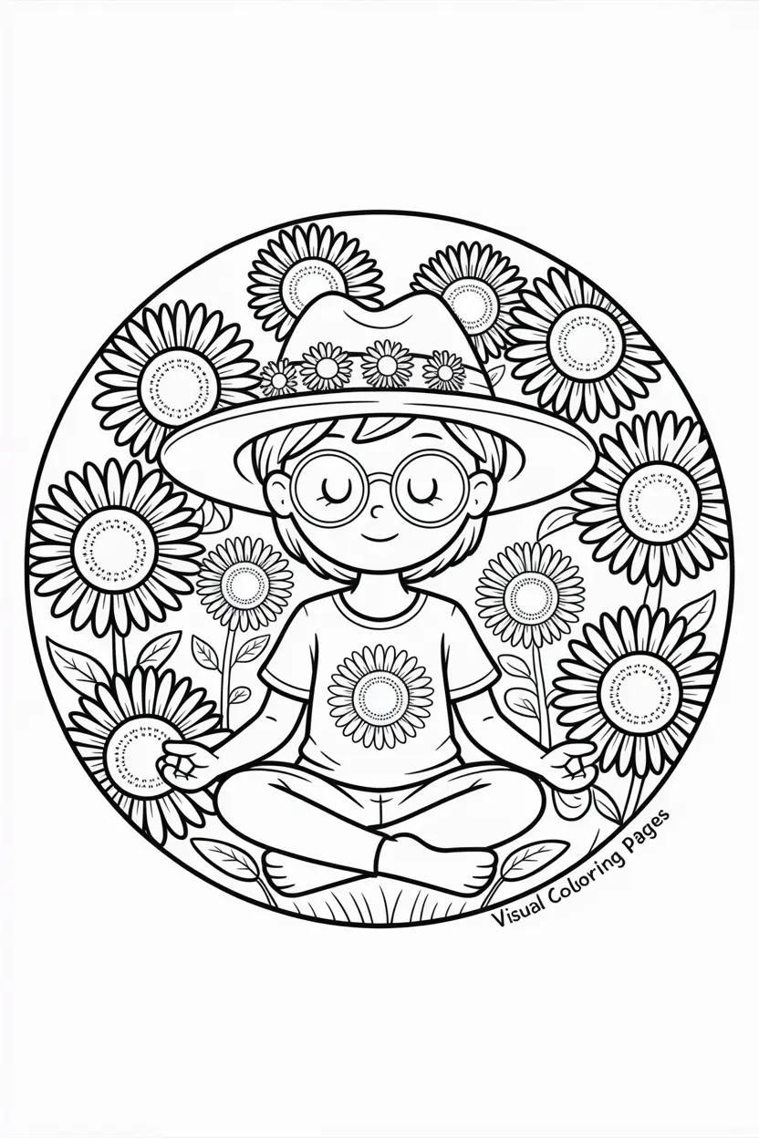 nerdy girl with witch hat surrounded by sunflowers coloring sheet for kids