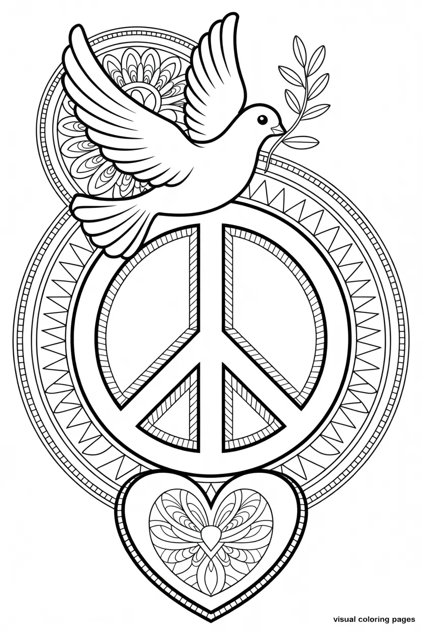 peace sign mandala with dove at the top coloring sheet