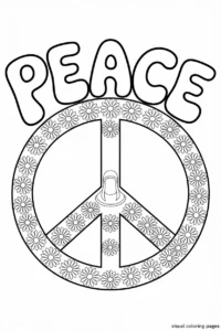 peace word and symbol with woman and flowers coloring sheet