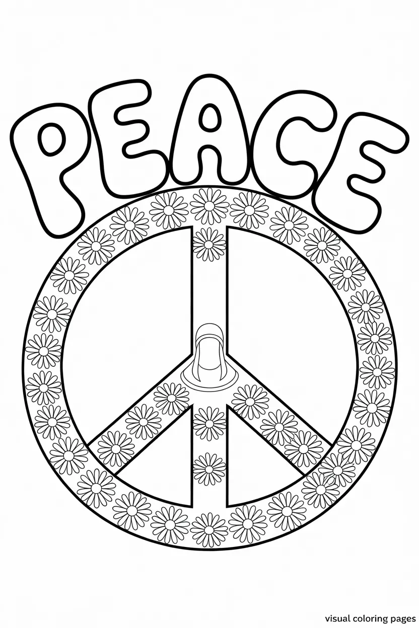 peace word and symbol with woman and flowers coloring sheet