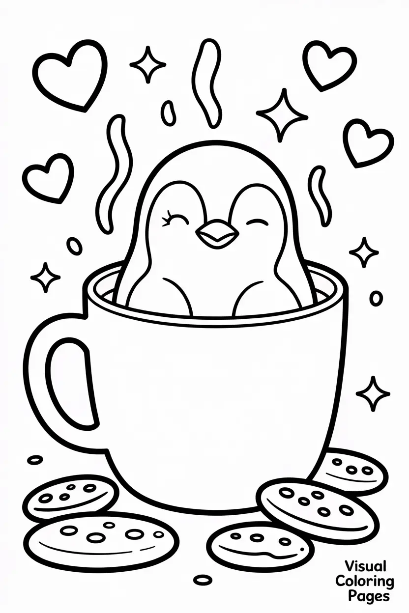 penguin bathing in hot coffee coloring page