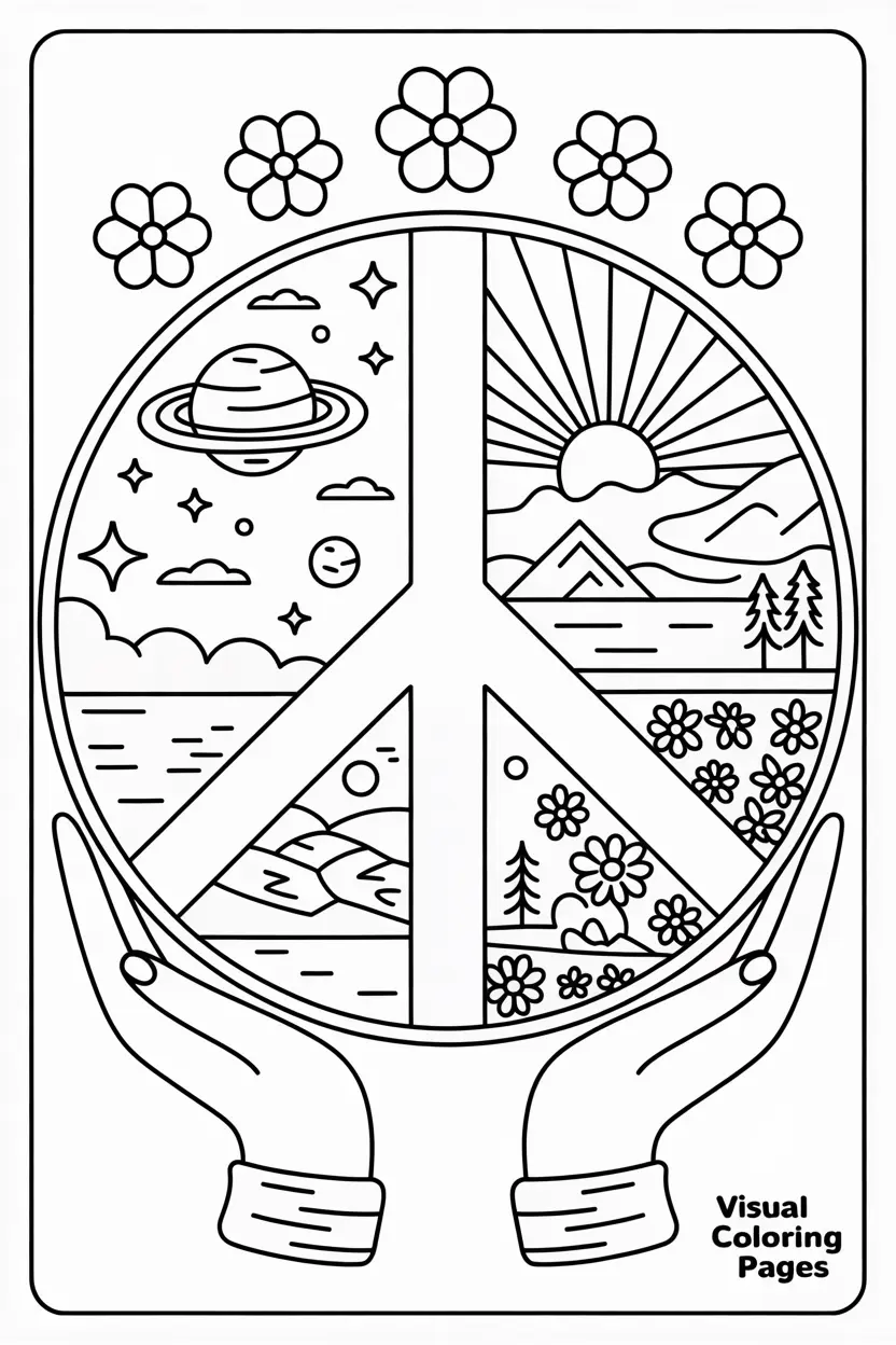 person holding a peace sign with different landscapes coloring page