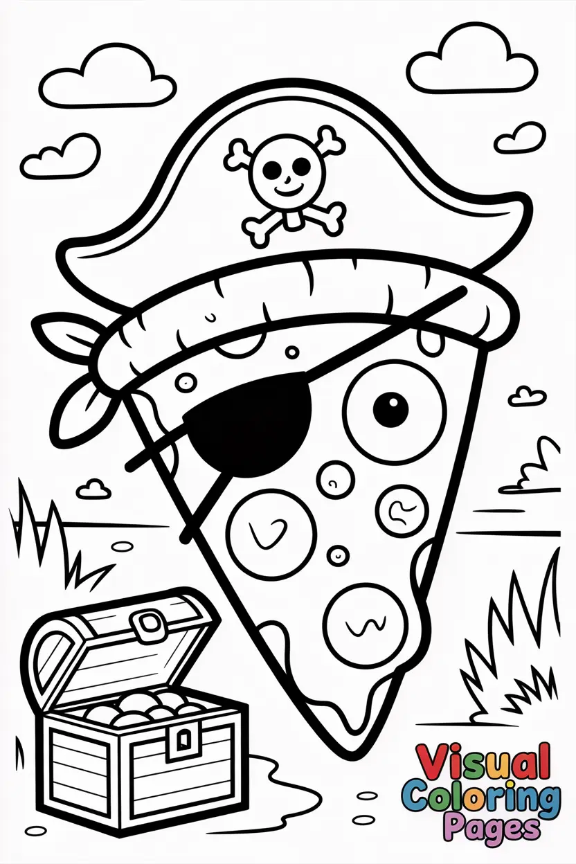 pirate pizza slice with eyepatch pirate hat treasure chest nearby