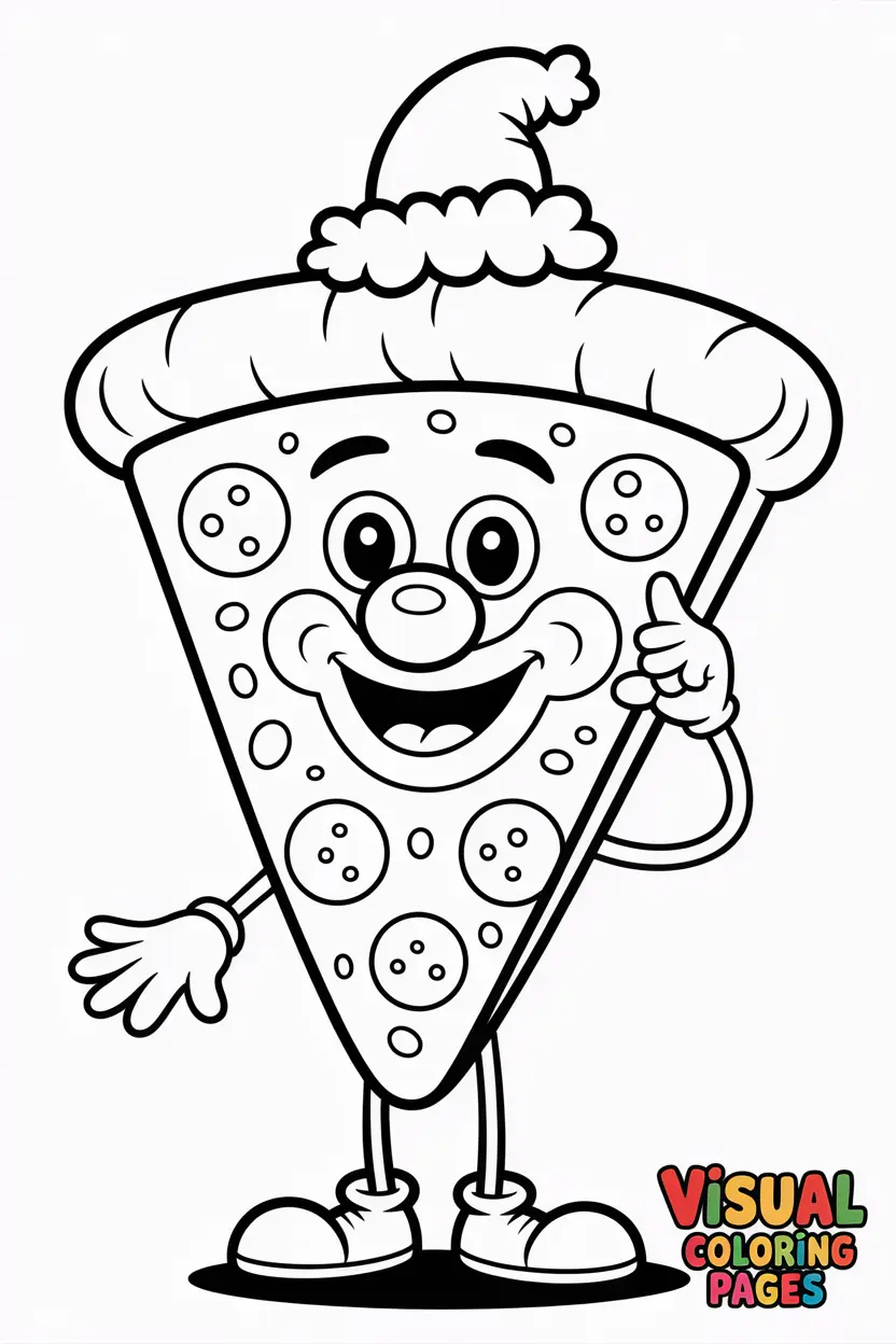 pizza slice dressed as a clown with a funny hat and nose