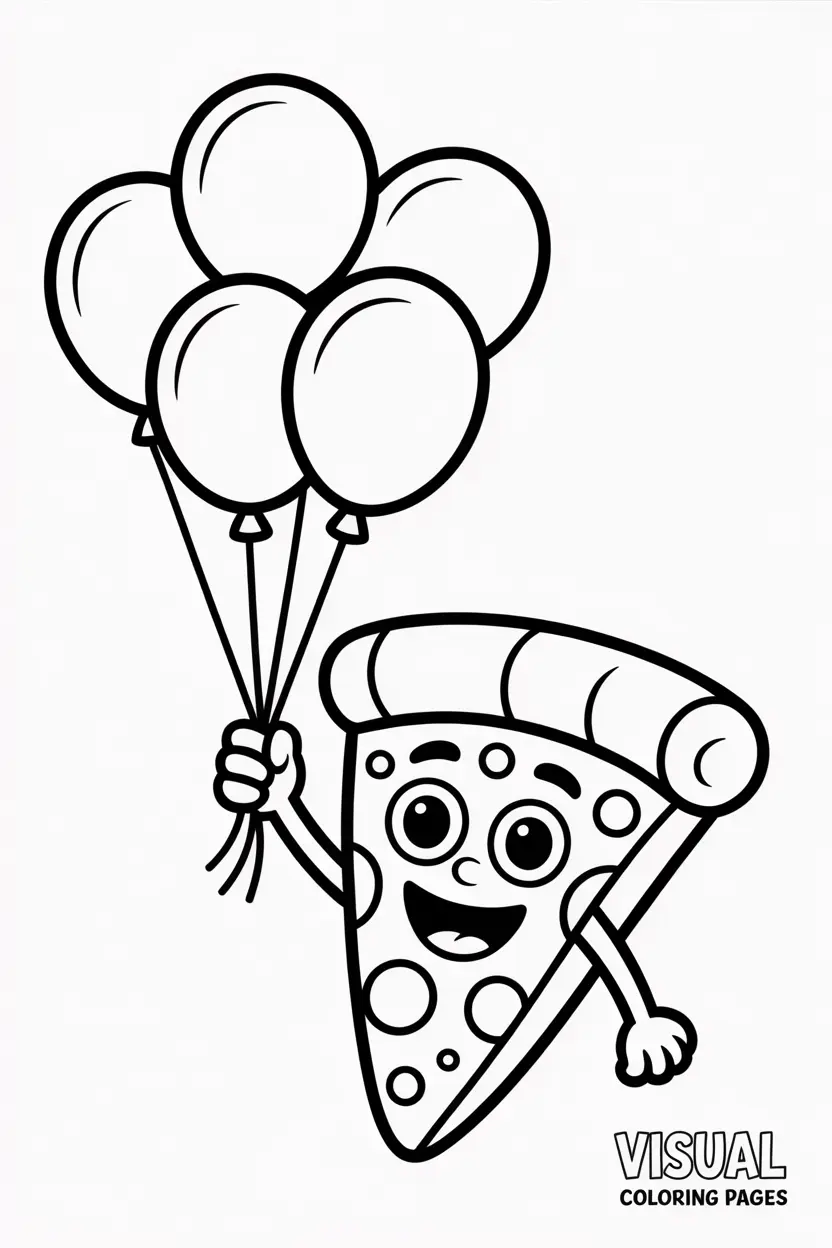 pizza slice holding balloons floating in the air