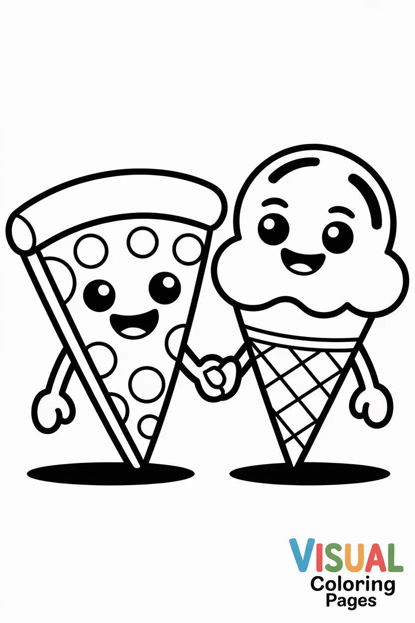 pizza slice holding hands with a smiling ice cream cone
