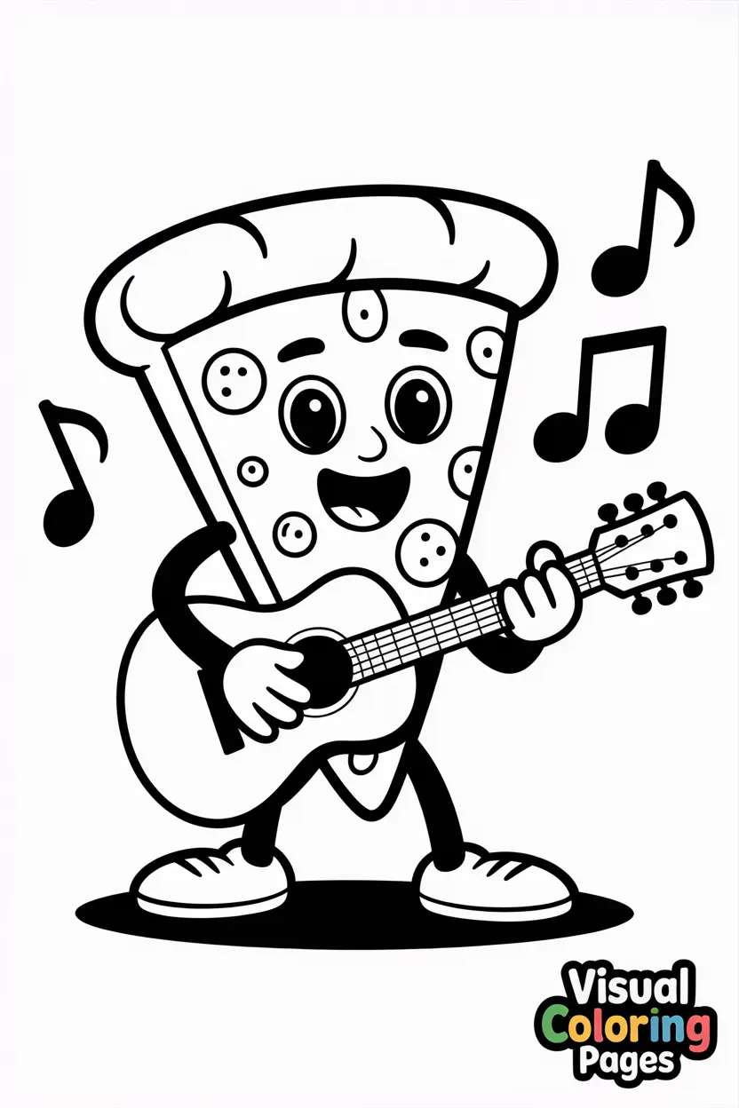 pizza slice playing a guitar and singing with musical notes around