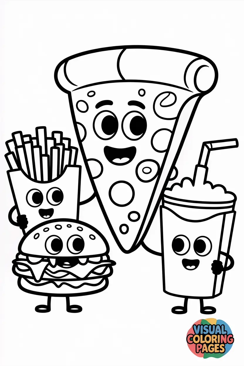 pizza slice smiling with burger fries and soda as friends